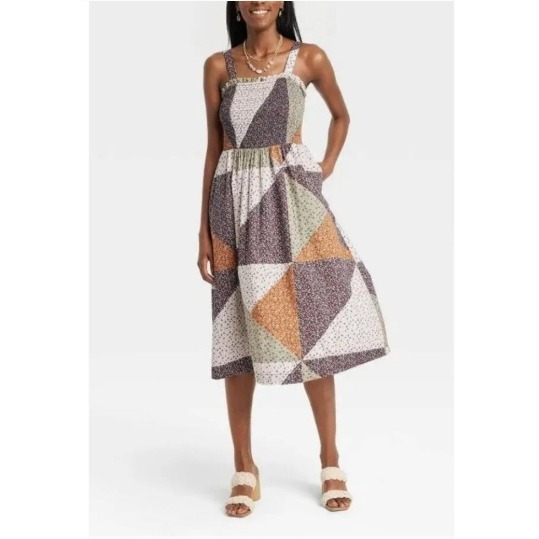 Universal Thread Floral Patchwork Smocked Midi Dress Womens Medium Multi Color